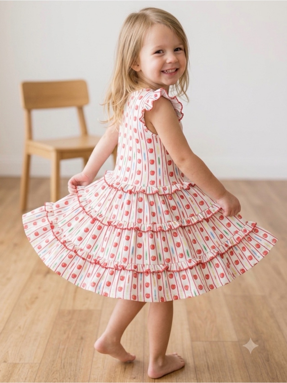 Smockingbird Girls Ruffled Apple & Crayon Print Dress